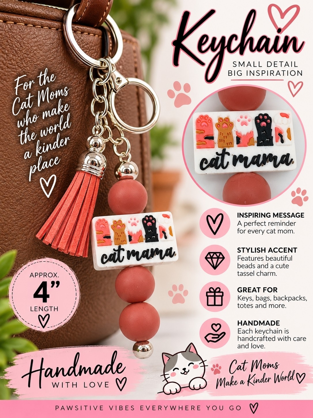 A70. Cat Mama Keychain Red & White NWT